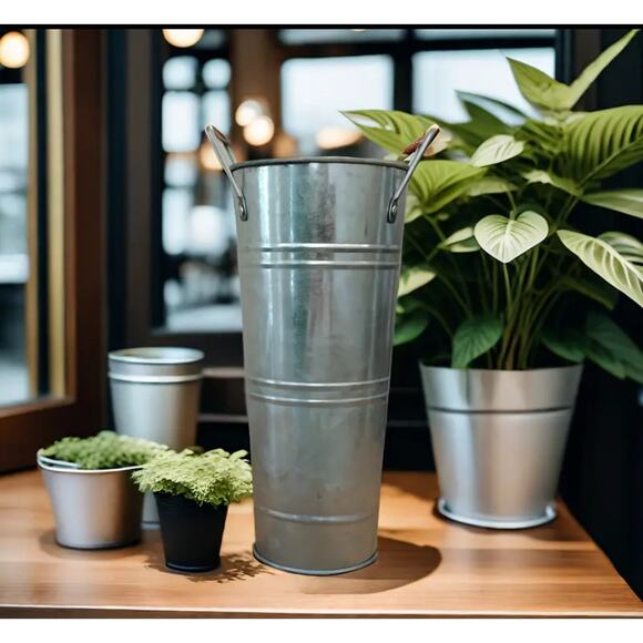 2pcs Galvanized Metal Flower Vases Buckets Floral Decor Rustic Farmhouse Style - Picture 1 of 4